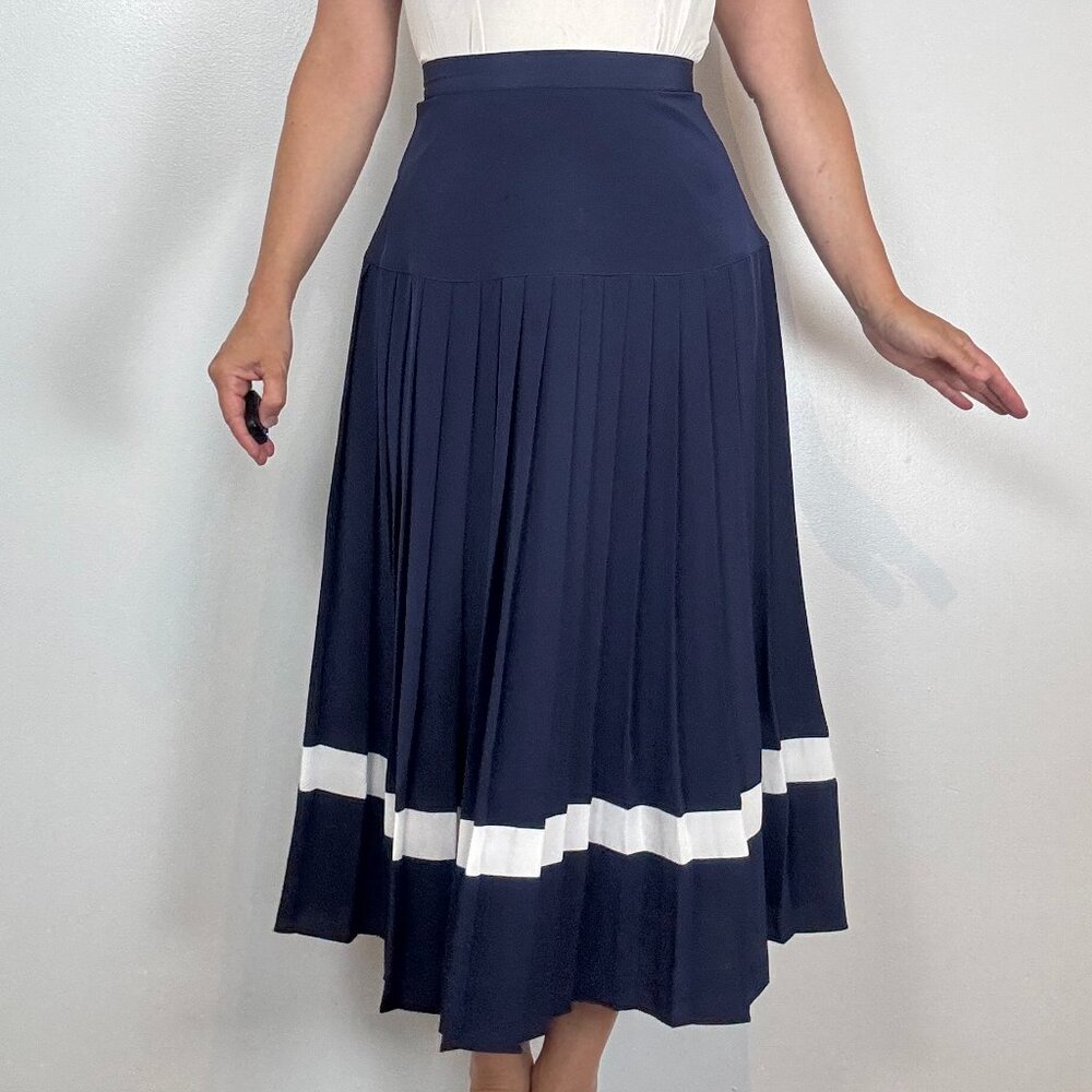 Vintage FRANK OLIVIER Navy Blue Drop Waist Pleated Skirt - Size S - Picture 4 of 10